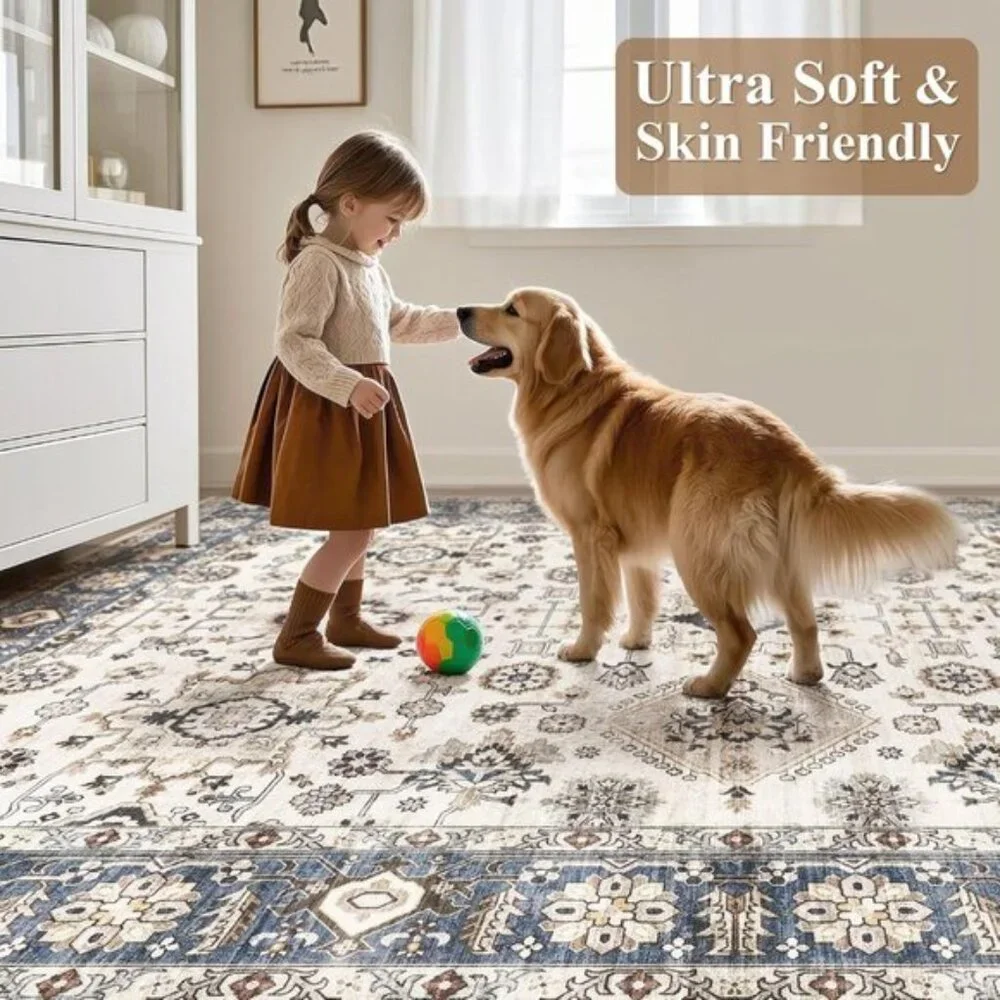 New 5x7 Blue Washable Area Rug Vintage Non-Slip Carpet for Living Room Home
